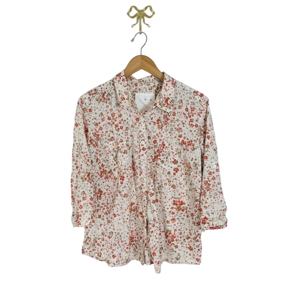 Oa Floral Button Down Shirt 100% Cotton Rust Cream Roll Tab Sleeve Top‎